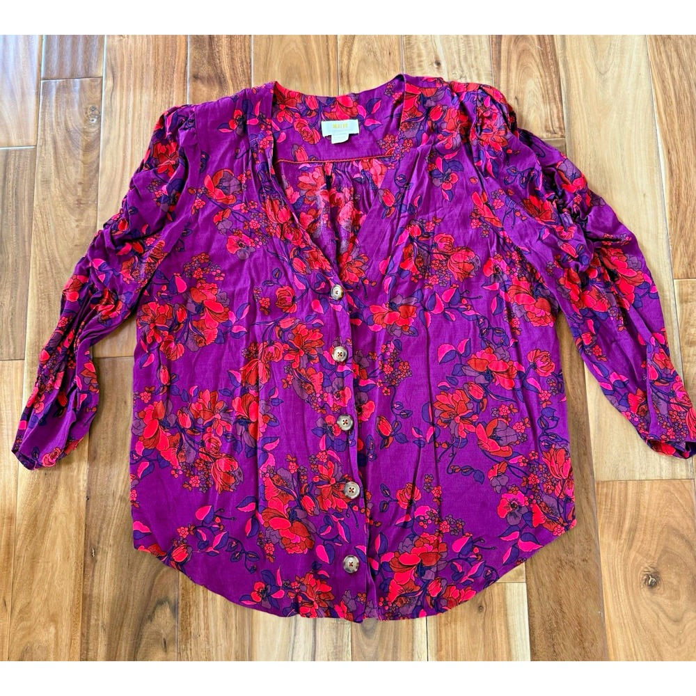 Maeve Purple Floral V-Neck Long Sleeve Woven Button Front Blouse Women XL